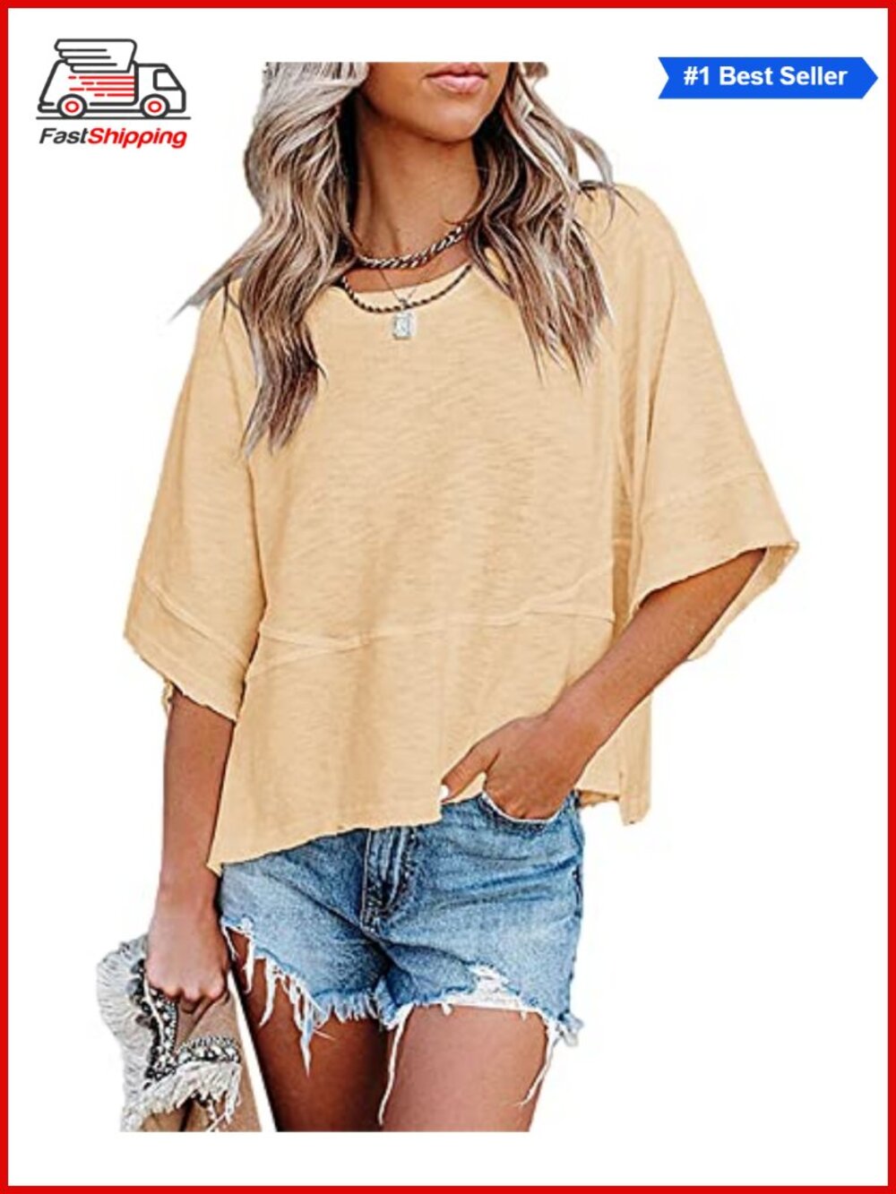 Women's Loose Fit 3/4 Sleeve Crewneck Tunic T-Shirt Casual Summer Top